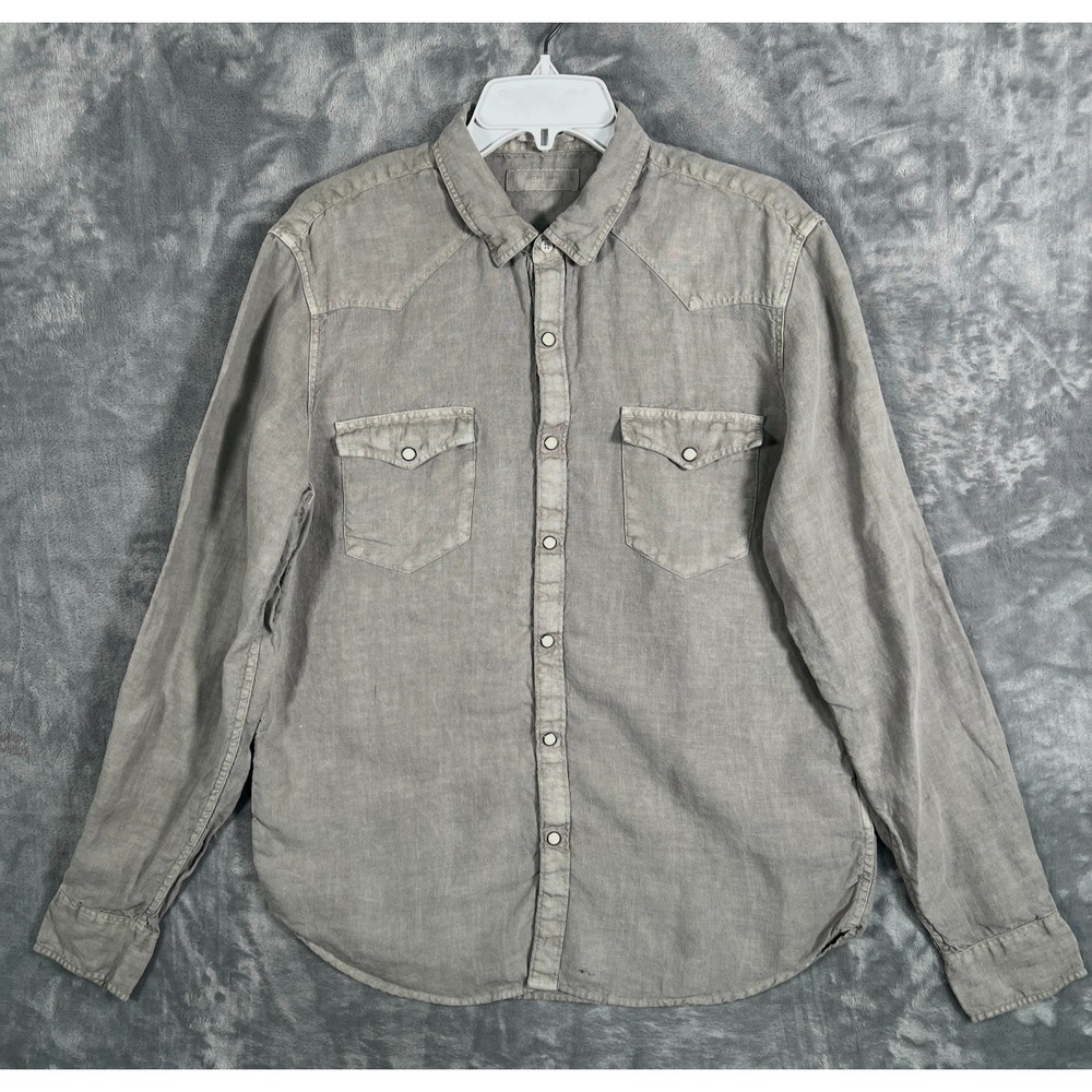 Lucky Brand Linen Pearl Snap Button Up Shirt Mens Medium Gray Western Work